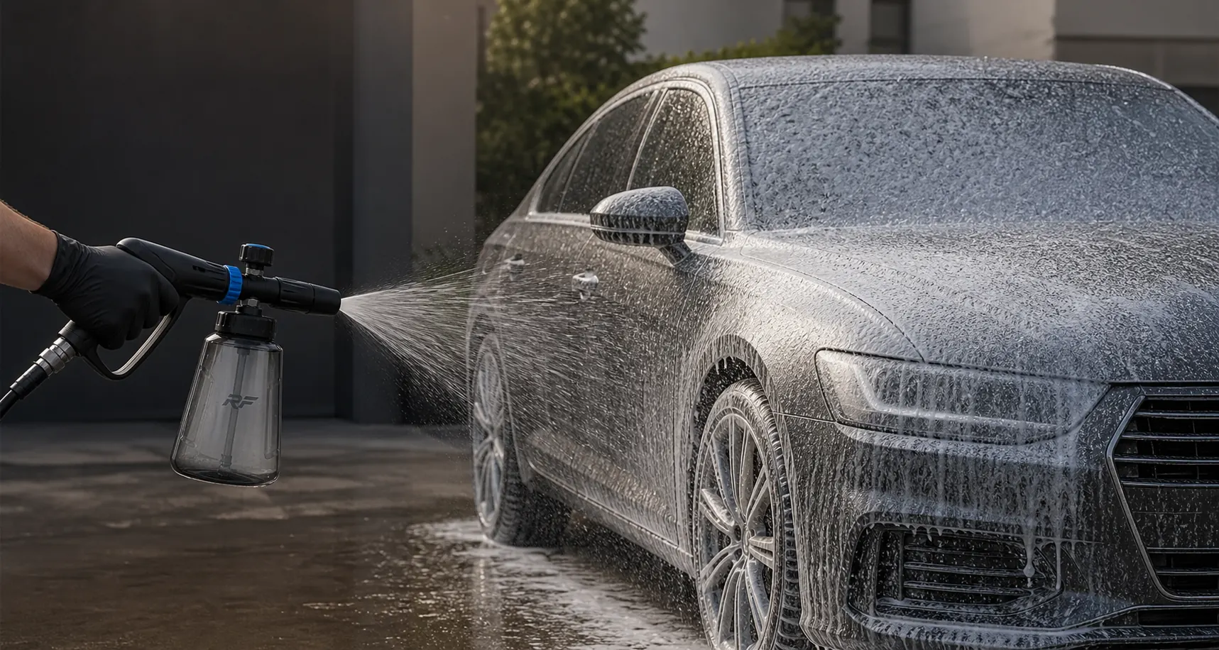 Graphite sedan being covered with foam using the RinseForge foam cannon