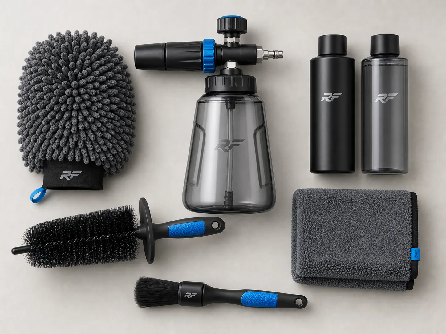 Top-down view of every component in the RinseForge Complete Wash System