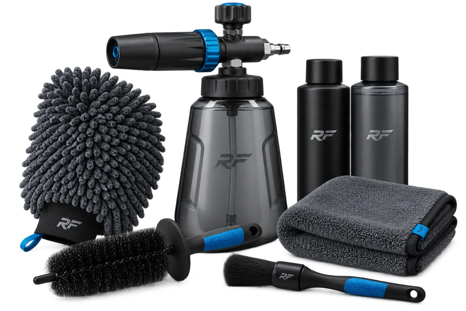 RinseForge foam cannon, wheel brushes, wash mitt, towels, and cleaning solutions