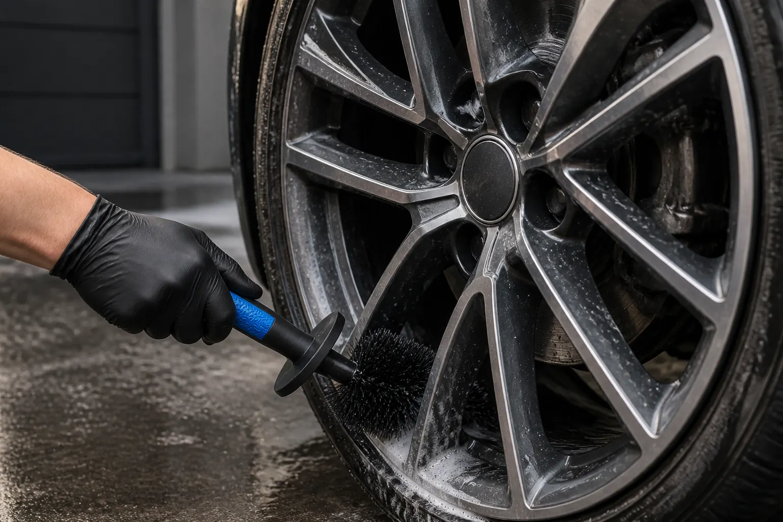 Wheel barrel being cleaned with the RinseForge long-reach brush